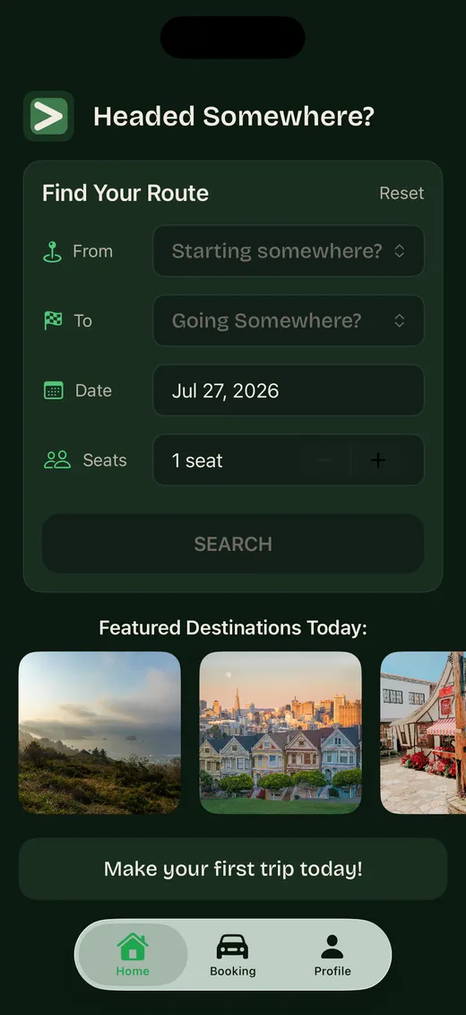 Home screen for searching a route by origin, destination, date, and seats