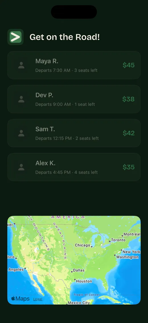 List of available rides with departure times, seats left, and prices