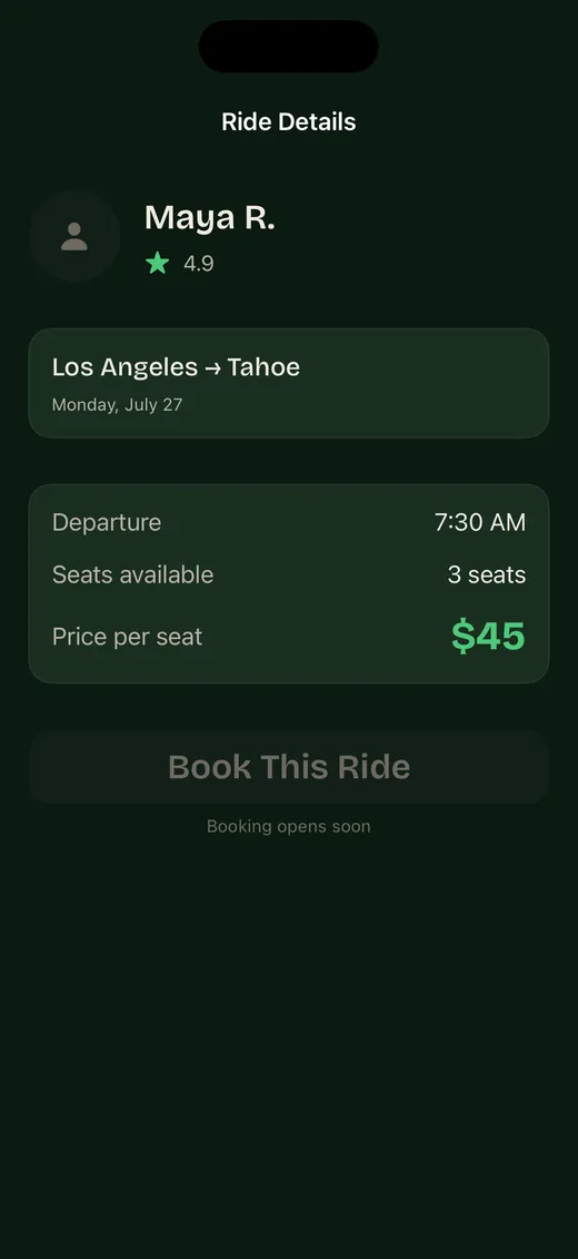 Ride detail screen showing a Los Angeles to Tahoe route, departure, seats, and price