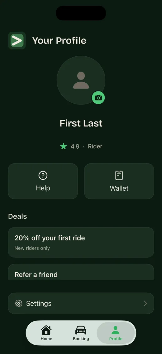Rider profile screen with rating, wallet, and deals