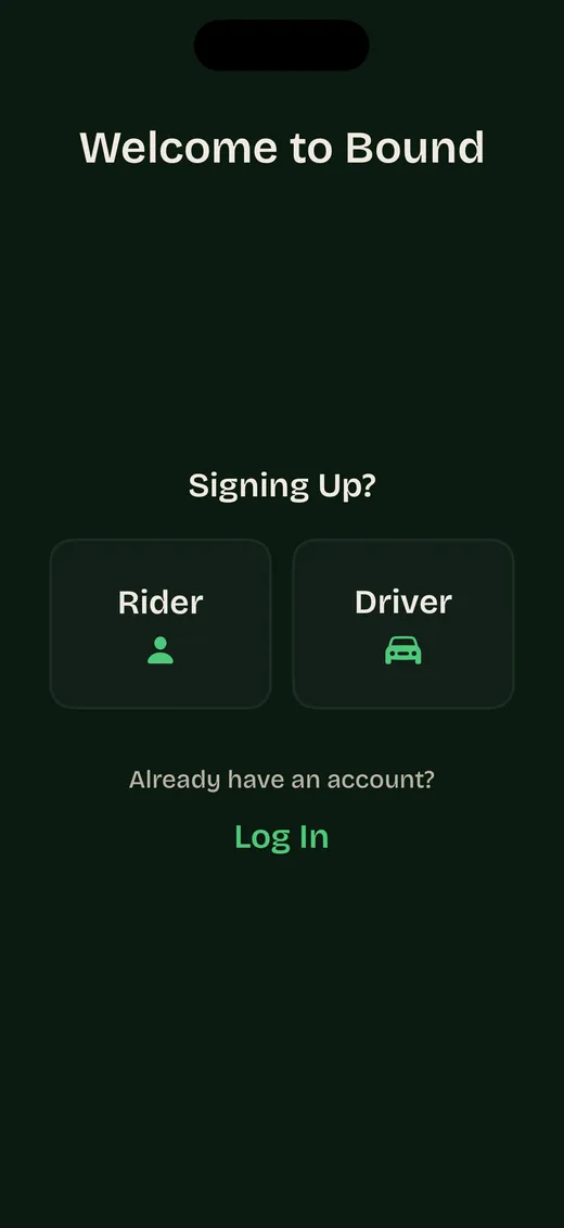 Bound welcome screen with Rider and Driver sign-up options